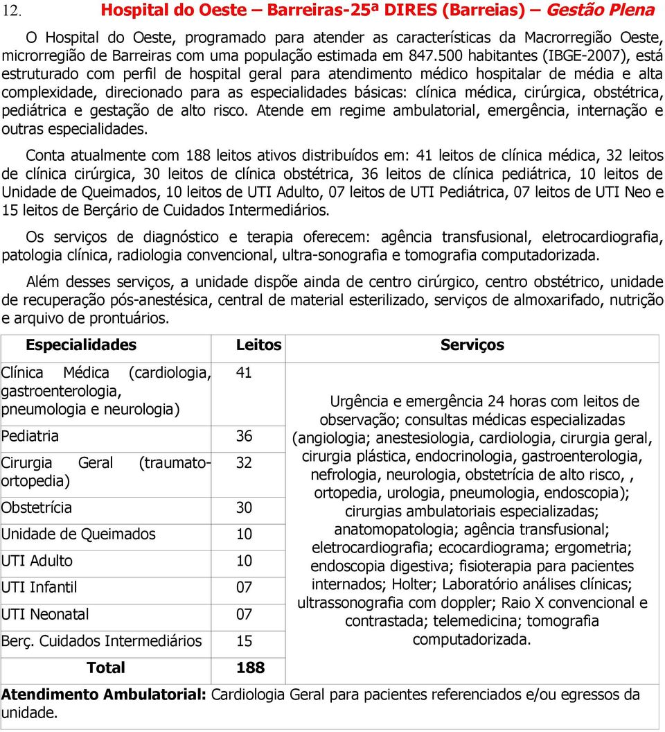 500 habitantes (IBGE-2007), está estruturado com perfil de hospital geral para atendimento médico hospitalar de média e alta complexidade, direcionado para as especialidades básicas: clínica médica,