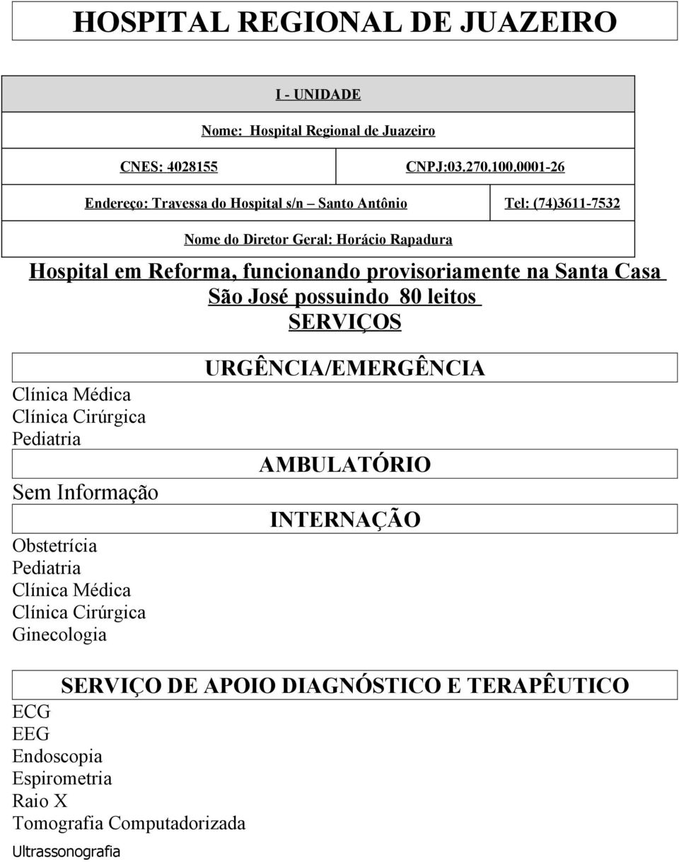 provisoriamente na Santa Casa São José possuindo 80 leitos SERVIÇOS Clínica Médica Clínica Cirúrgica Pediatria Sem Informação Obstetrícia Pediatria