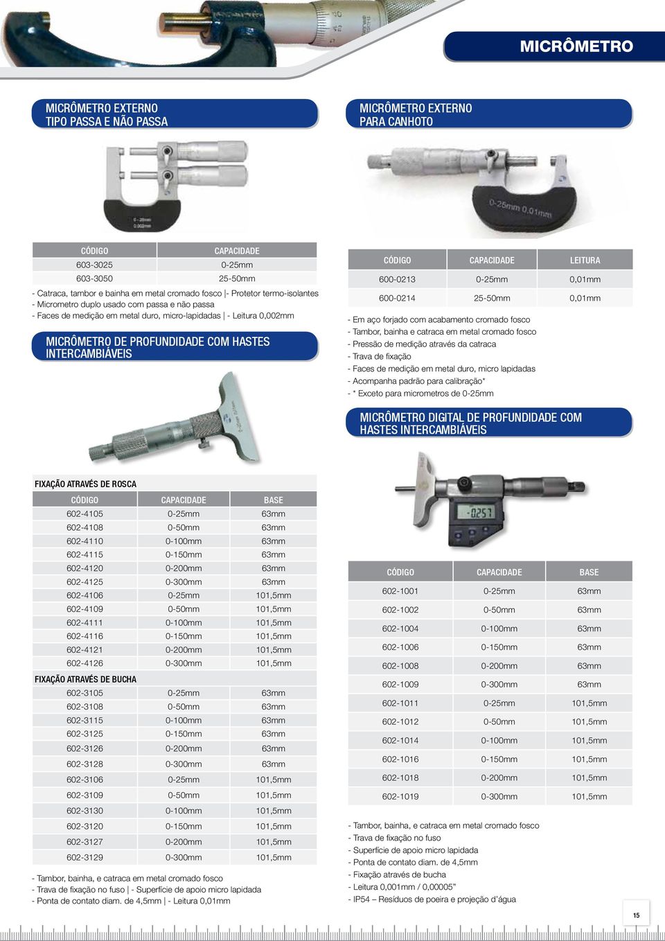 leitura 600-0213 0-25mm 0,01mm 600-0214 25-50mm 0,01mm - Em aço forjado com acabamento cromado fosco - Tambor, bainha e catraca em metal cromado fosco - Pressão de medição através da catraca - Trava