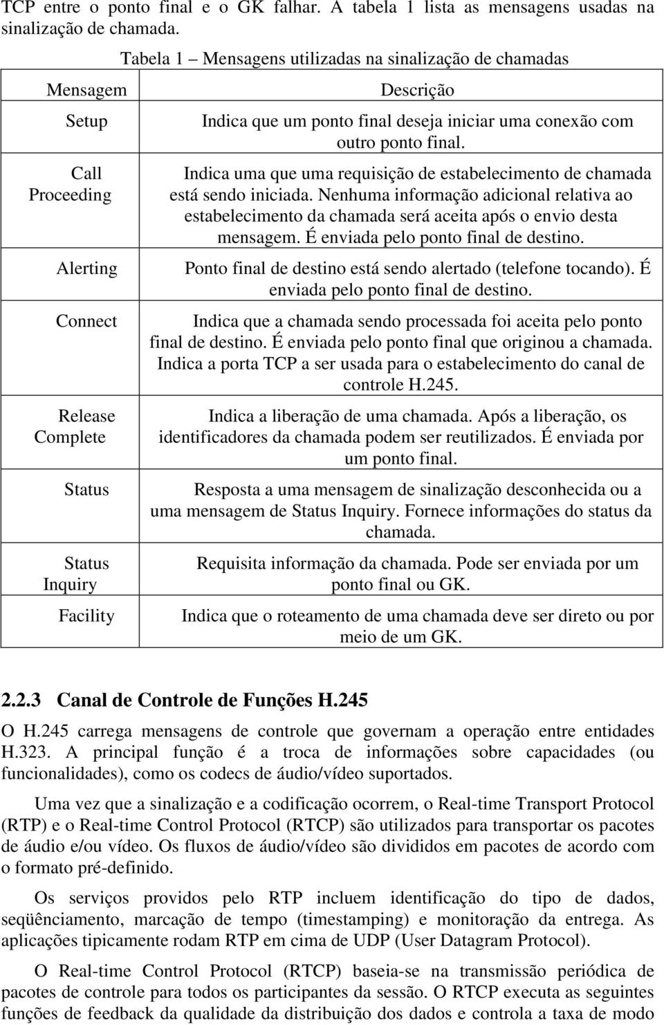 Call Proceeding Alerting Connect Release Complete Status Status Inquiry Facility Indica uma que uma requisição de estabelecimento de chamada está sendo iniciada.