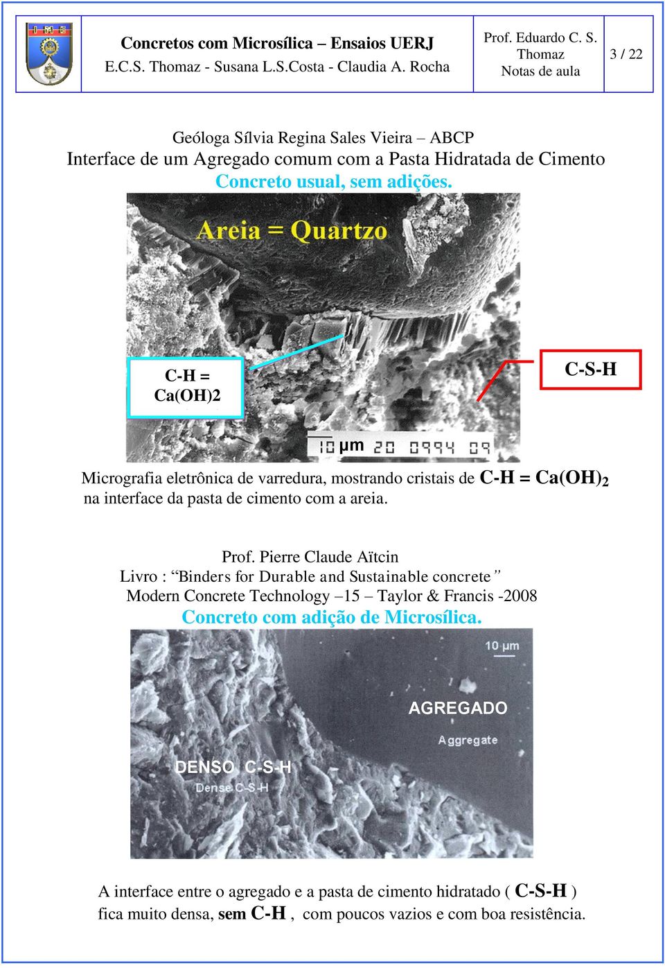 C-H = Ca(OH)2 C-S-H μm Micrografia eletrônica de varredura, mostrando cristais de C-H = Ca(OH) 2 na interface da pasta de cimento com a areia. Prof.