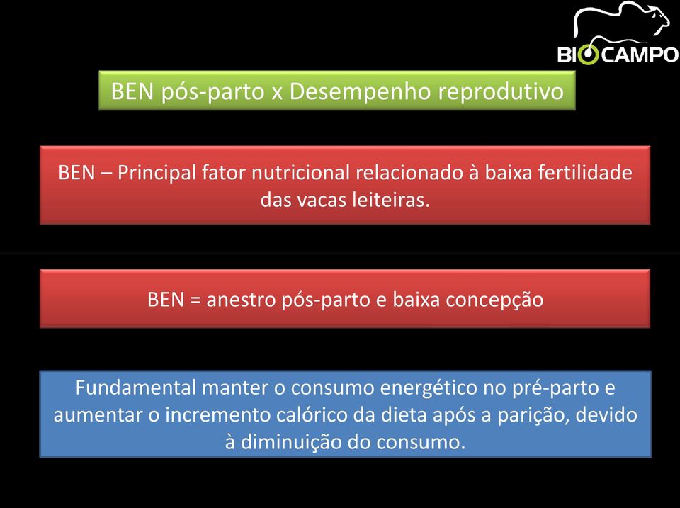 BEN = anestro pós-parto e baixa concepção Fundamental manter o consumo