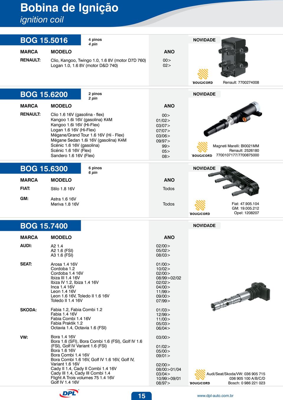 6 16V (gasolina) Scénic 1.6 16V (Flex) Sandero 1.6 16V (Flex) 01/02> 03/07> 07/07> 03/06> 09/ 99> 05> 08> Renault: 7700274008 Magneti Marelli: BI0021MM Renault: 2526180 7700107177/7700875000 BOG 15.