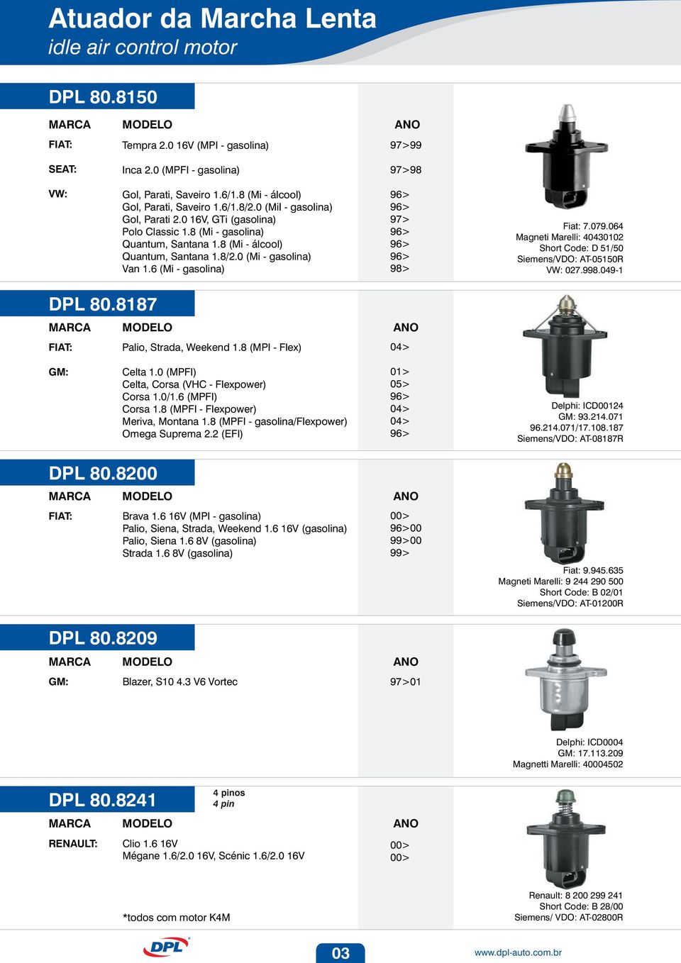 079.064 Magneti Marelli: 40430102 Short Code: D 51/50 Siemens/VDO: AT-05150R 027.998.049-1 DPL 80.8187 Palio, Strada, Weekend 1.8 (MPI - Flex) 04> Celta 1.