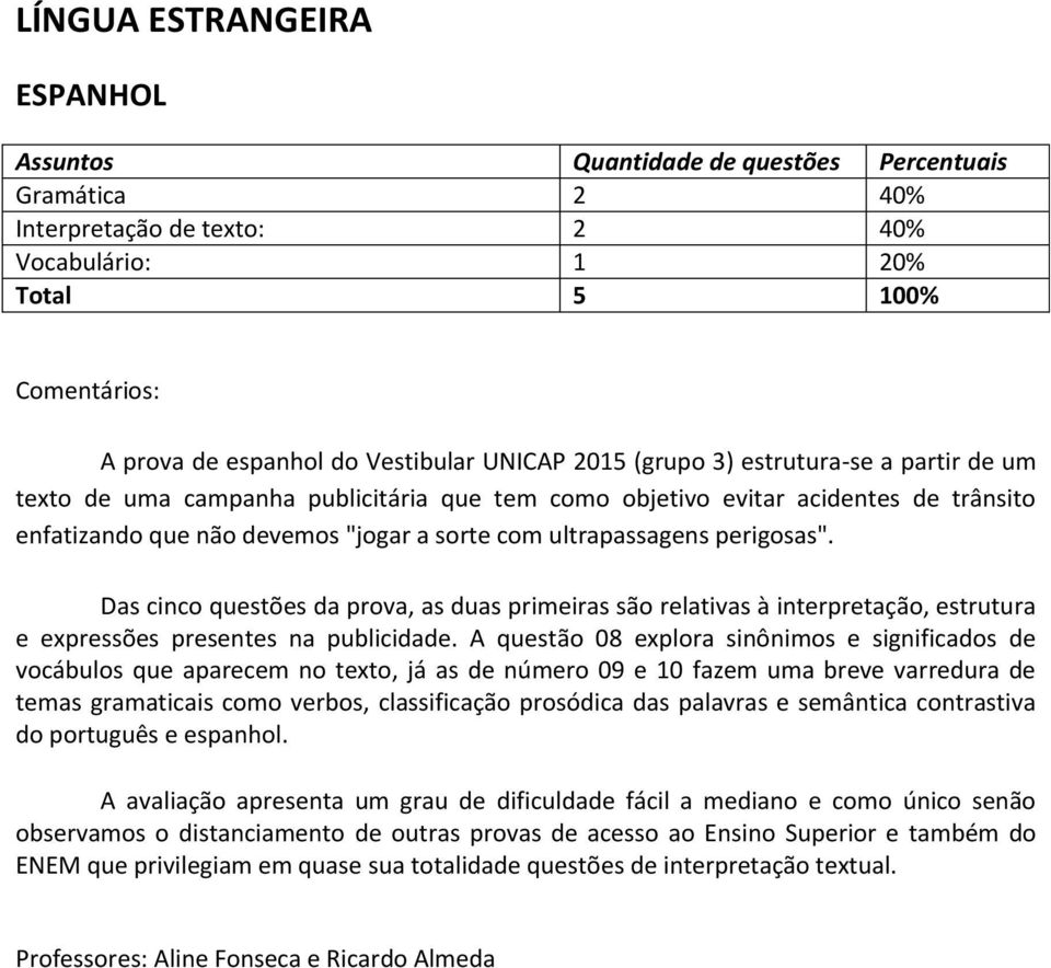 Das cinco questões da prova, as duas primeiras são relativas à interpretação, estrutura e expressões presentes na publicidade.