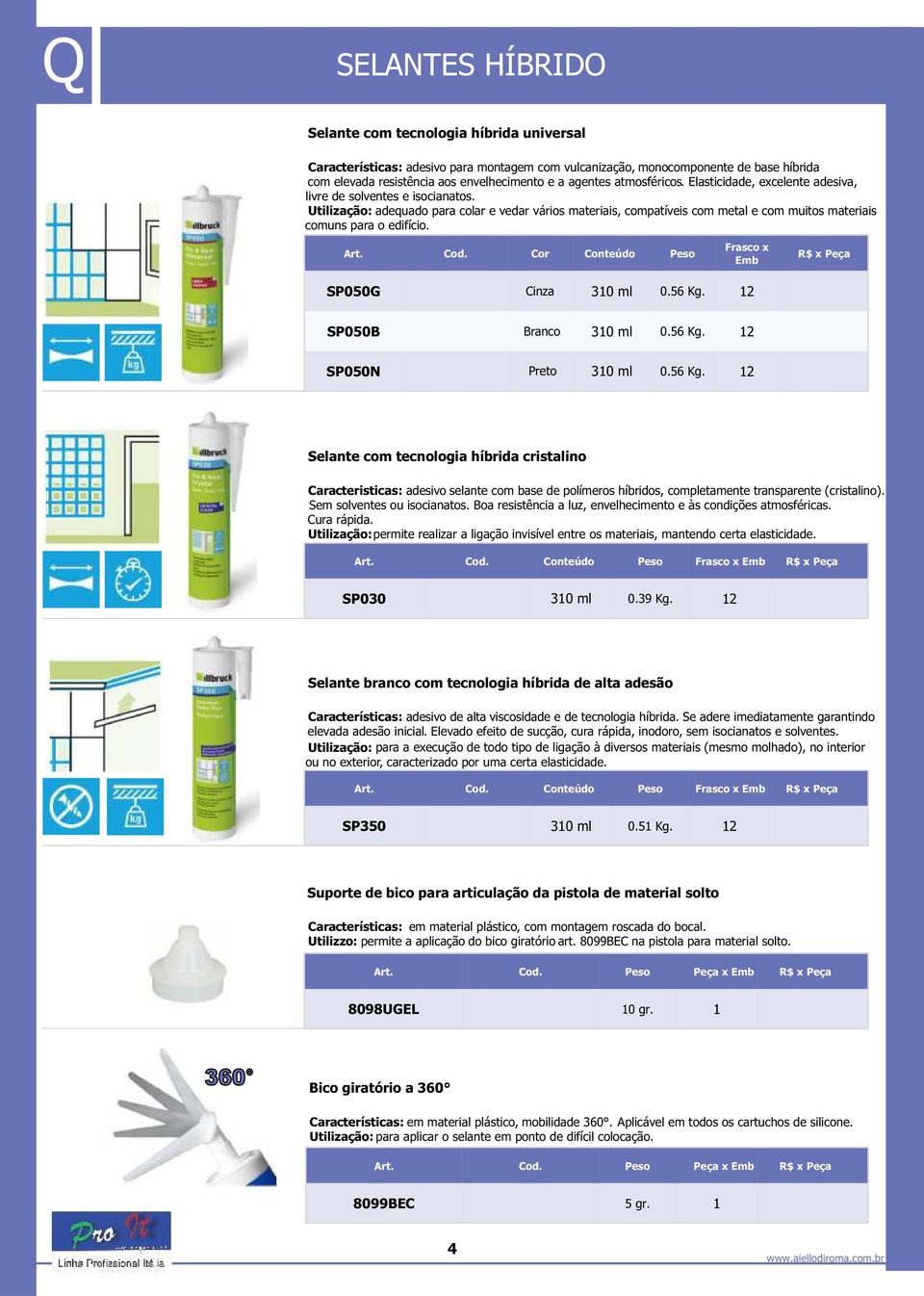 Utilização: adequado para colar e vedar vários materiais, compatíveis com metal e com muitos materiais comuns para o edifício. SP050G Cinza 310 ml 0.56 Kg. 12 SP050B Branco 310 ml 0.56 Kg. 12 SP050N Preto 310 ml 0.