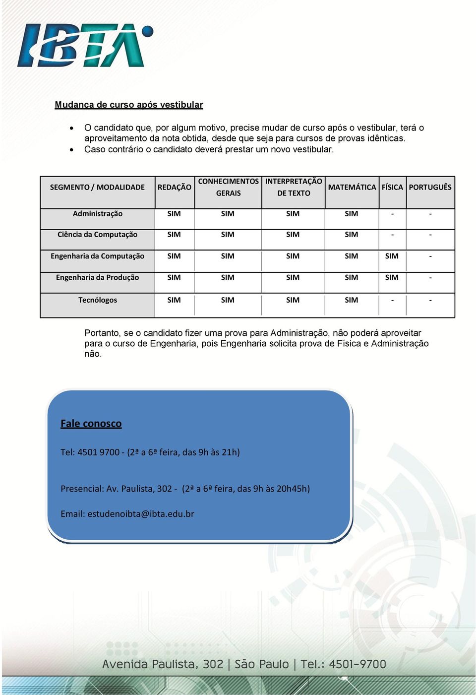 SEGMENTO / MODALIDADE REDAÇÃO CONHECIMENTOS GERAIS INTERPRETAÇÃO DE TEXTO MATEMÁTICA FÍSICA PORTUGUÊS Administração SIM SIM SIM SIM - - Ciência da Computação SIM SIM SIM SIM - - Engenharia da