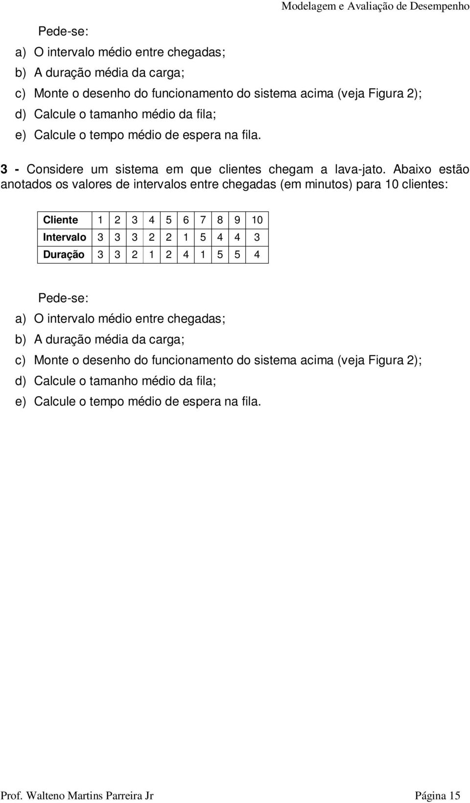 Abaixo estão anotados os valores de intervalos entre chegadas (em minutos) para 10 clientes: Cliente 1 2 3 4 5 6 7 8 9 10 Intervalo 3 3 3 2 2 1 5 4 4 3 Duração 3 3 2 1 2 4 1 5 5 4 Pede-se: a)