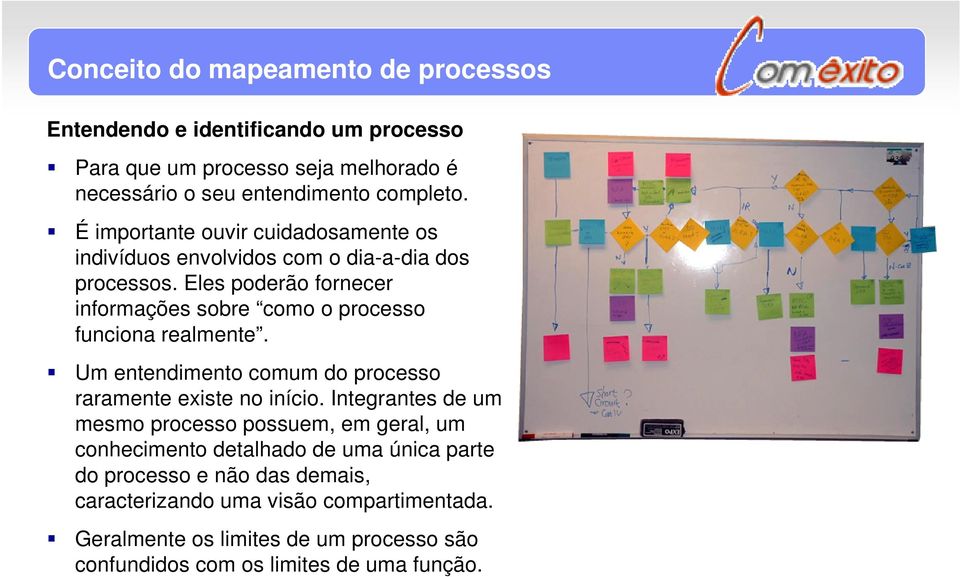 Eles poderão fornecer informações sobre como o processo funciona realmente. Um entendimento comum do processo raramente existe no início.