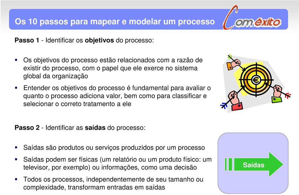 selecionar o correto tratamento a ele Passo 2 - Identificar as saídas do processo: Saídas são produtos ou serviços produzidos por um processo Saídas podem ser físicas (um relatório