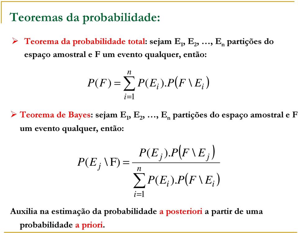 P ( F \ ) i E i Teorema de Bayes: sejam E, E,, E n partições do espaço amostral e F um evento qualquer,