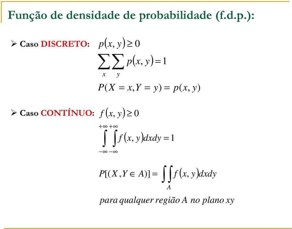 ): Caso DISCRETO: p (, y) y p 0 (, y) = P( X =, Y =