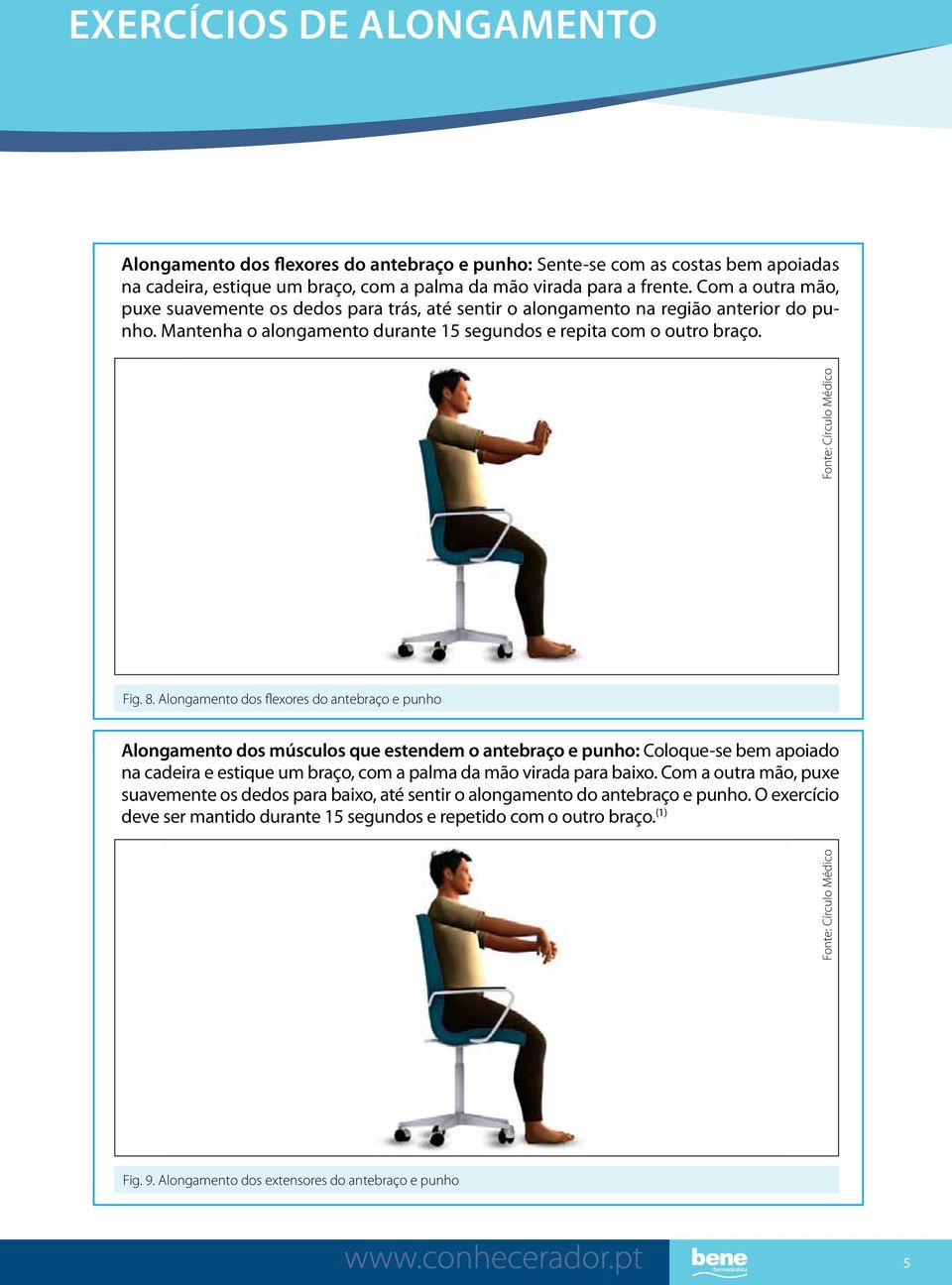 Alongamento dos flexores do antebraço e punho Alongamento dos músculos que estendem o antebraço e punho: Coloque-se bem apoiado na cadeira e estique um braço, com a palma da mão virada para