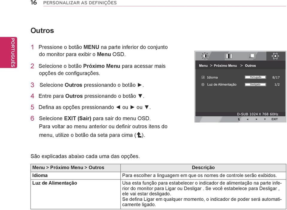 6 Selecione EXIT (Sair) para sair do menu OSD. Para voltar ao menu anterior ou definir outros itens do menu, utilize o botão da seta para cima ( ). São explicadas abaixo cada uma das opções.