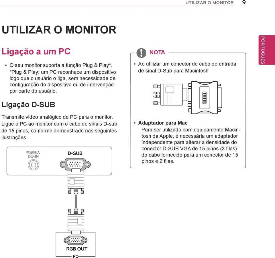 NOTA yao utilizar um conector de cabo de entrada de sinal D-Sub para Macintosh Ligação D-SUB Transmite vídeo analógico do PC para o monitor.
