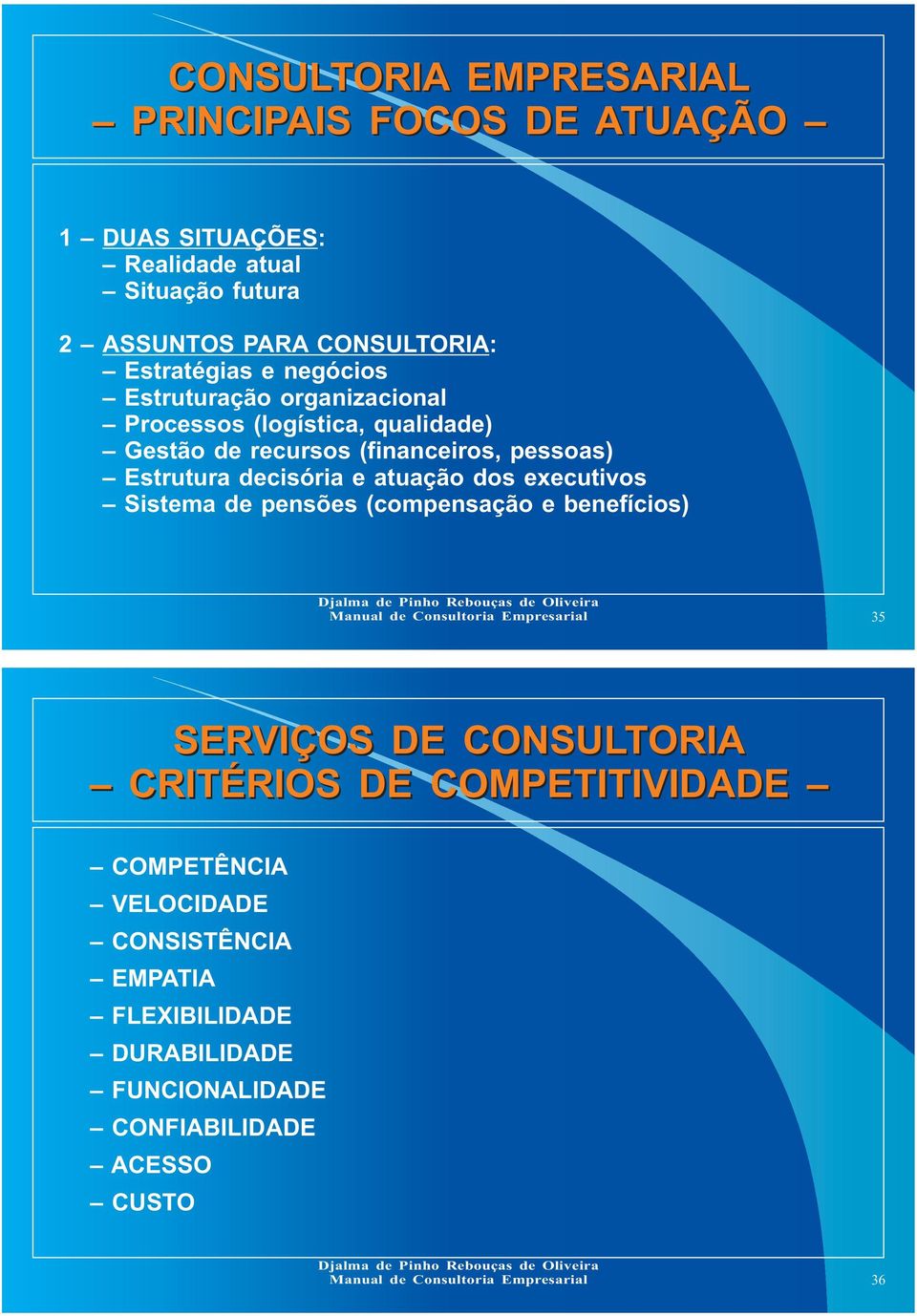 pessoas) Estrutura decisória e atuação dos executivos Sistema de pensões (compensação e benefícios) 35 SERVIÇOS DE CONSULTORIA