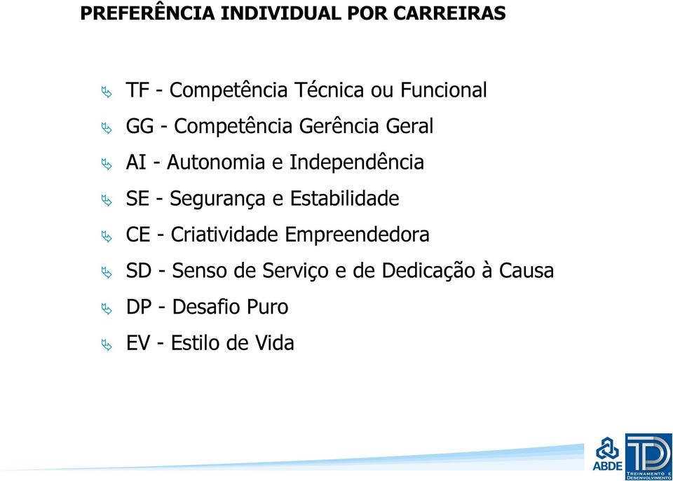 Independência SE - Segurança e Estabilidade CE - Criatividade