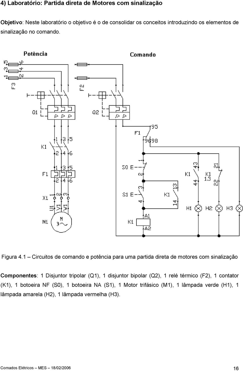 1 Circuitos de comando e potência para uma partida direta de motores com sinalização Componentes: 1 Disjuntor tripolar (Q1), 1 disjuntor