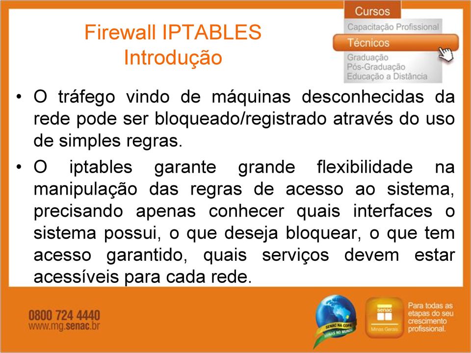 O iptables garante grande flexibilidade na manipulação das regras de acesso ao sistema,