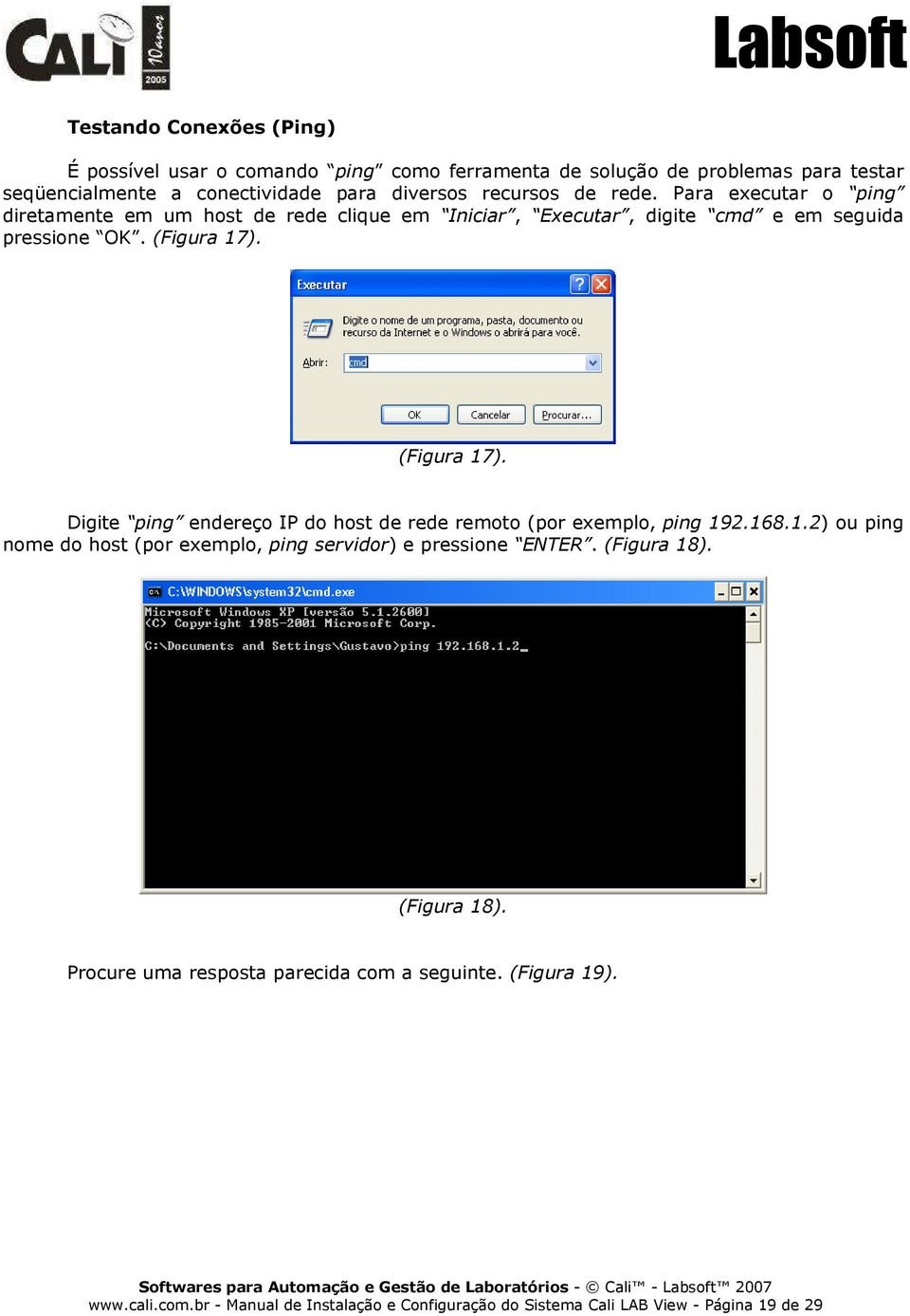 (Figura 17). Digite ping endereço IP do host de rede remoto (por exemplo, ping 192.168.1.2) ou ping nome do host (por exemplo, ping servidor) e pressione ENTER.