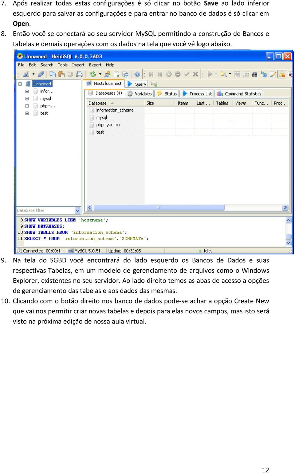 Na tela do SGBD você encontrará do lado esquerdo os Bancos de Dados e suas respectivas Tabelas, em um modelo de gerenciamento de arquivos como o Windows Explorer, existentes no seu servidor.