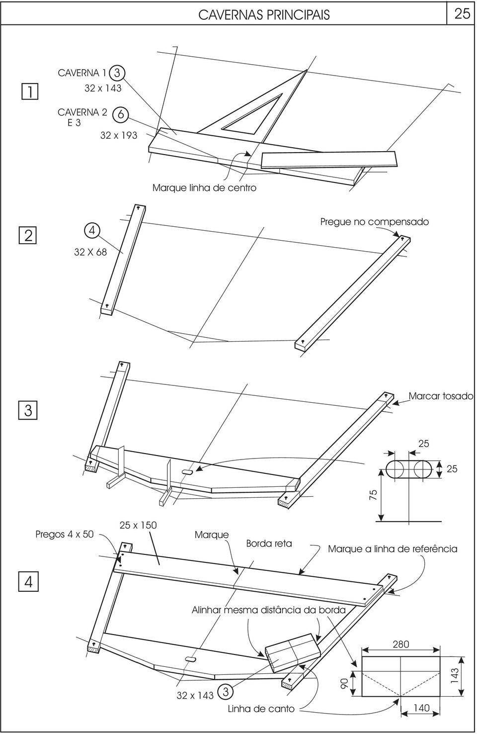 25 75 Pregos 4 x 50 25 x 150 Marque Borda reta Marque a linha de