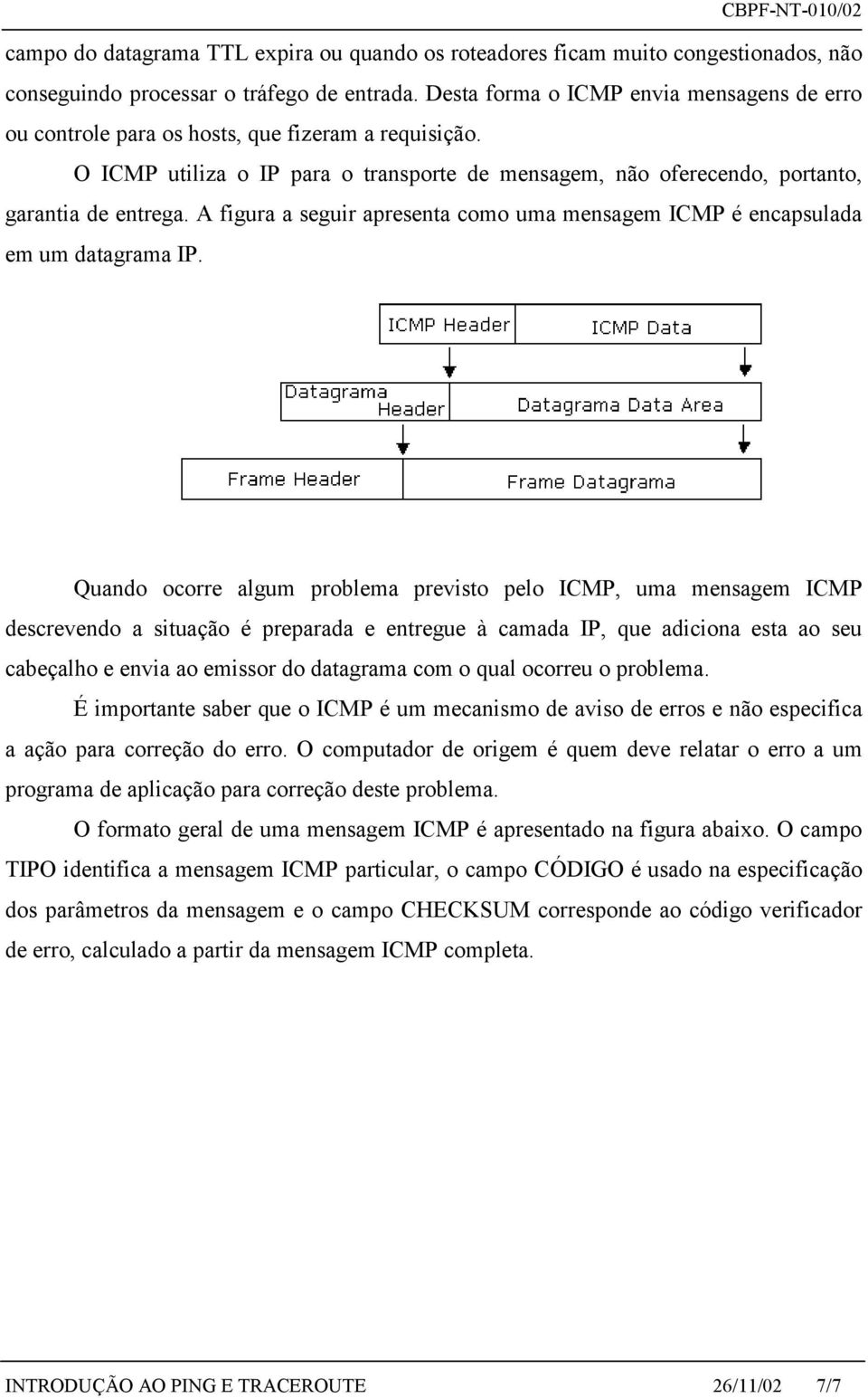 A figura a seguir apresenta como uma mensagem ICMP é encapsulada em um datagrama IP.
