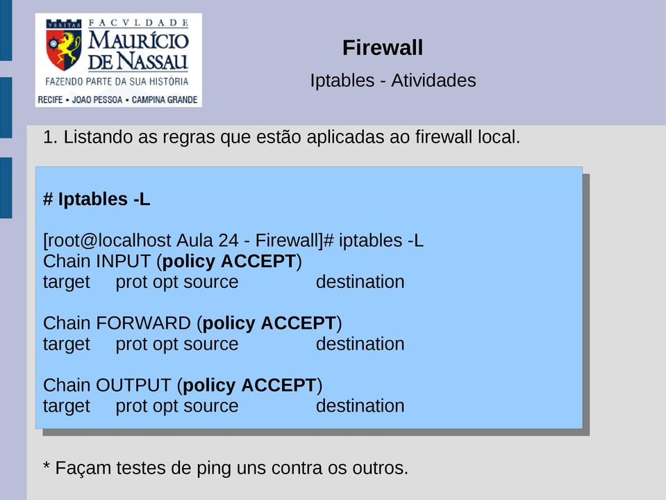 target prot opt source destination Chain FORWARD (policy ACCEPT) target prot opt source