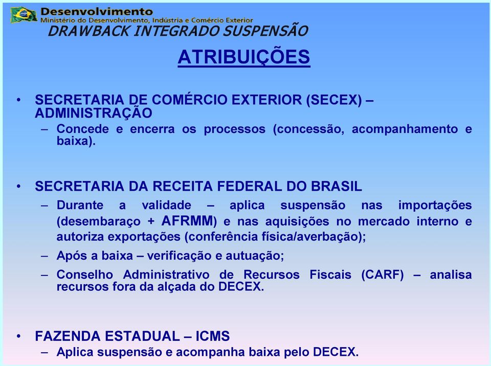 SECRETARIA DA RECEITA FEDERAL DO BRASIL Durante a validade aplica suspensão nas importações (desembaraço + AFRMM) e nas aquisições no mercado