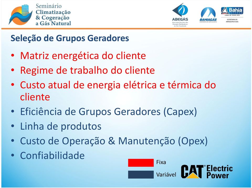 do cliente Eficiência de Grupos Geradores (Capex) Linha de