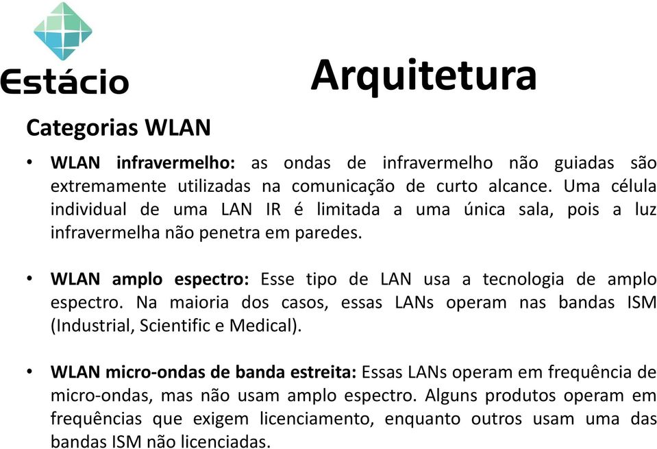 WLAN amplo espectro: Esse tipo de LAN usa a tecnologia de amplo espectro.