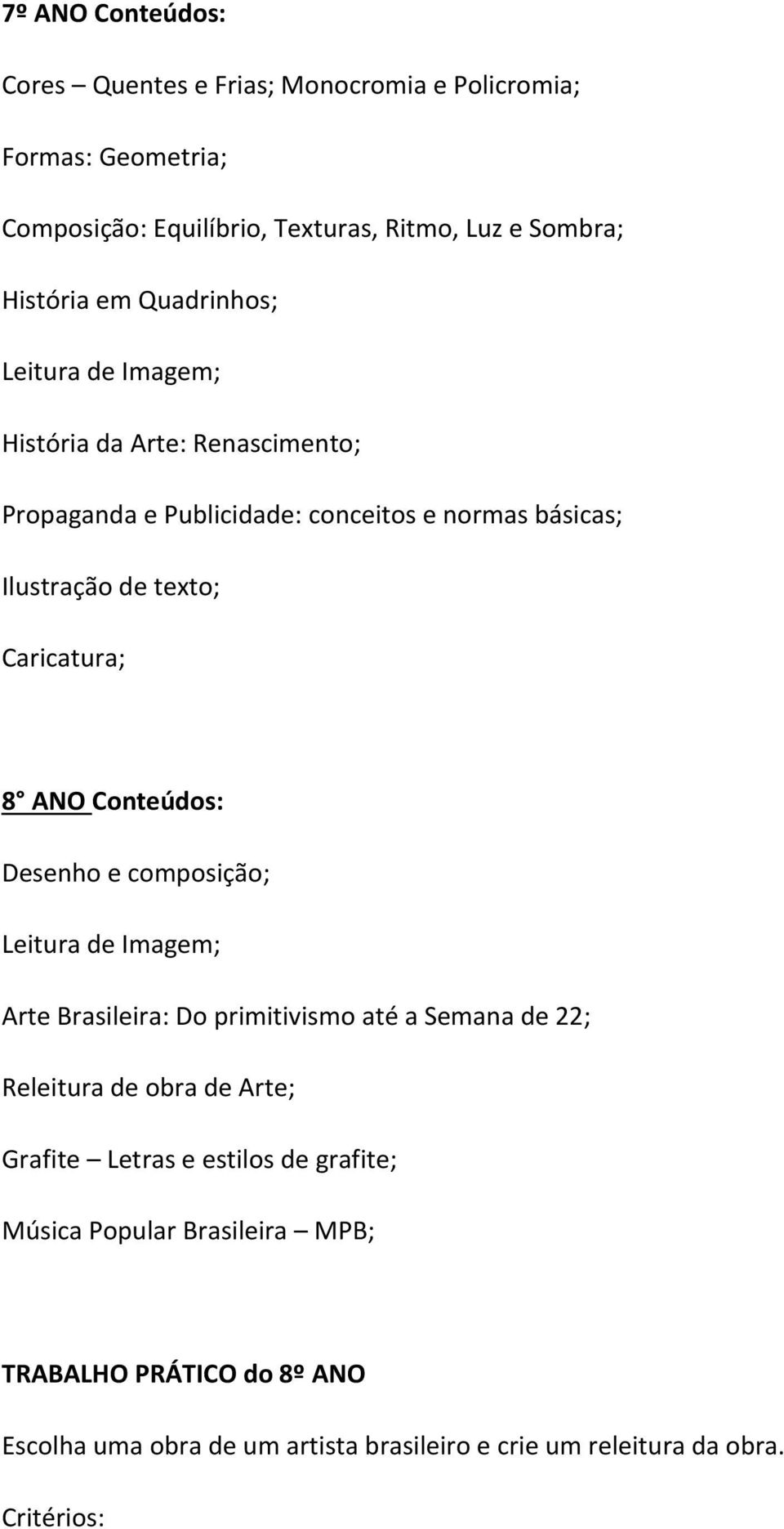 ANO Conteúdos: Desenho e composição; Leitura de Imagem; Arte Brasileira: Do primitivismo até a Semana de 22; Releitura de obra de Arte; Grafite Letras e