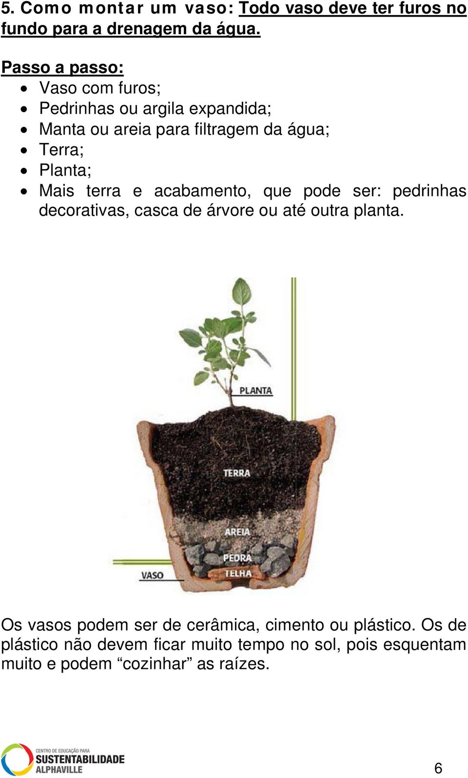 Planta; Mais terra e acabamento, que pode ser: pedrinhas decorativas, casca de árvore ou até outra planta.