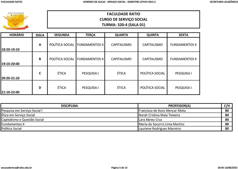 Serviço Social I Ética em Serviço Social Capitalismo e Questão Social Fundamentos II Política Social Francisco de Assis Alencar Mota Narah