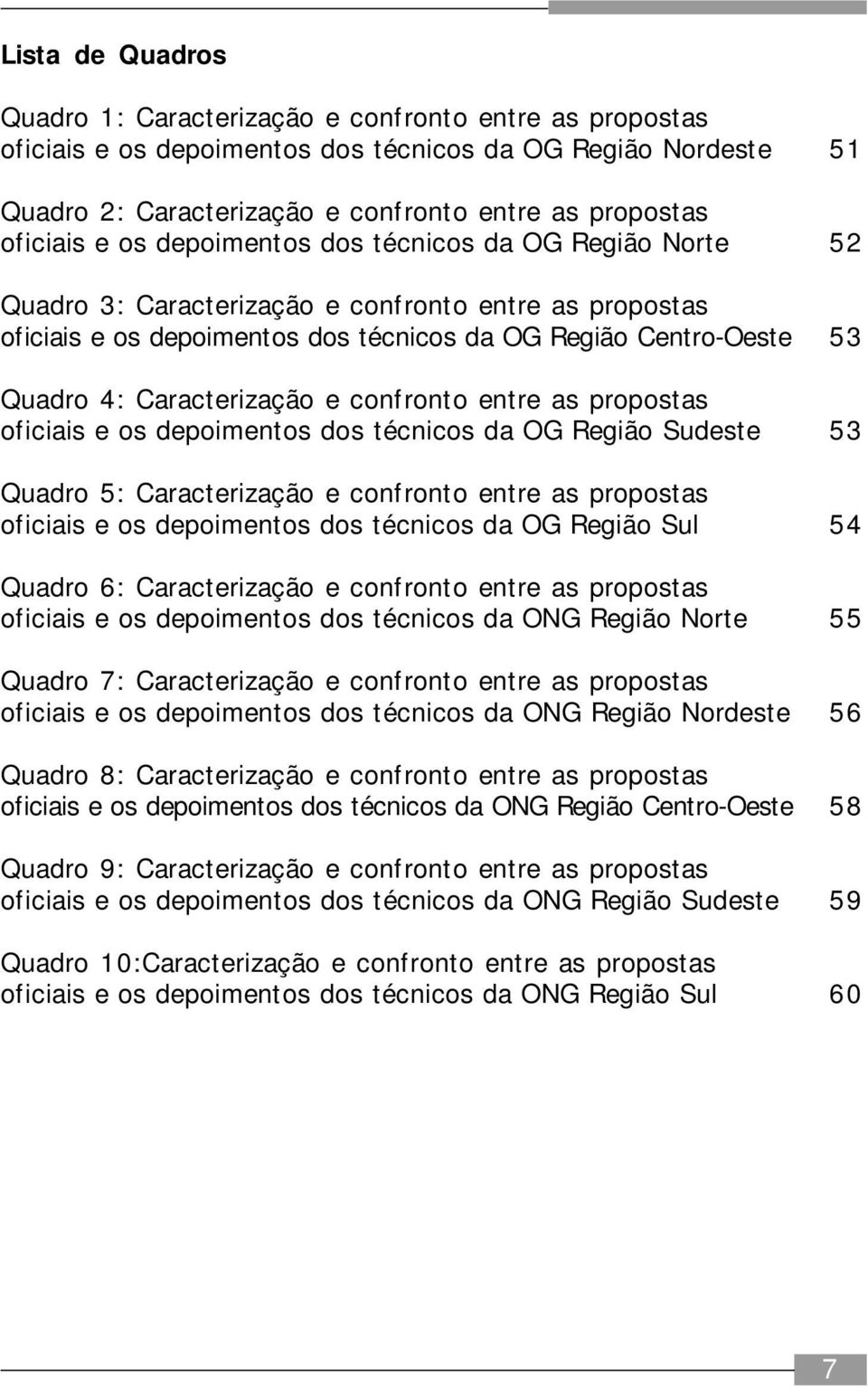 Caracterização e confronto entre as propostas oficiais e os depoimentos dos técnicos da OG Região Sudeste 53 Quadro 5: Caracterização e confronto entre as propostas oficiais e os depoimentos dos