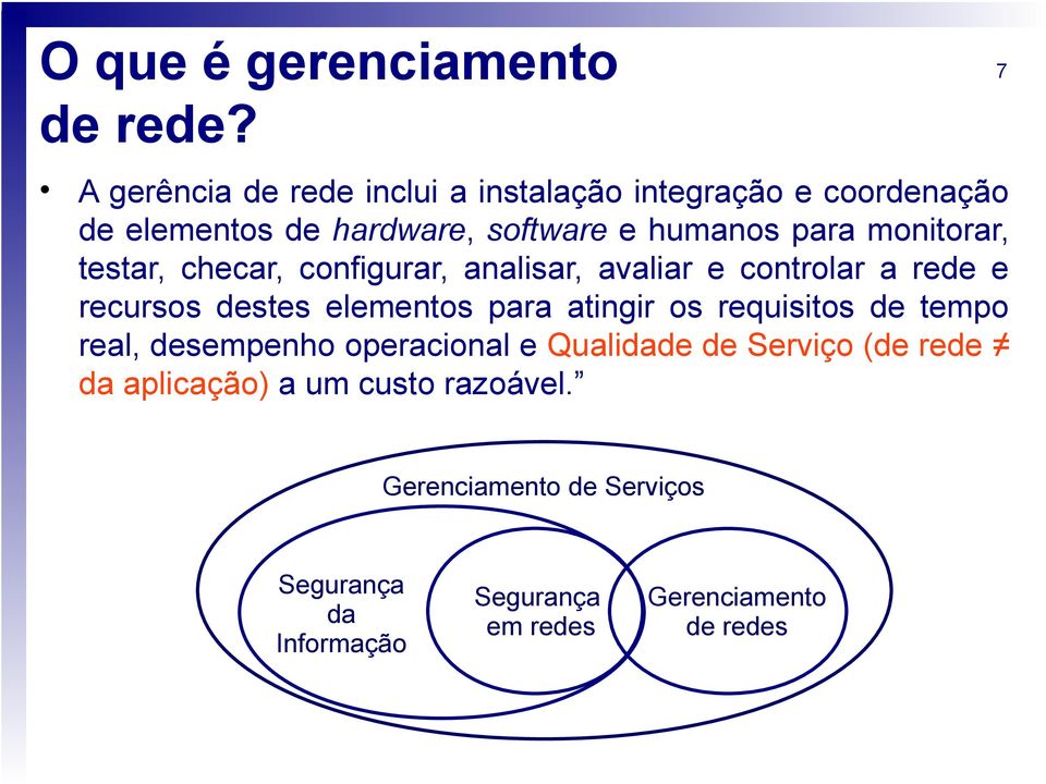 monitorar, testar, checar, configurar, analisar, avaliar e controlar a rede e recursos destes elementos para atingir