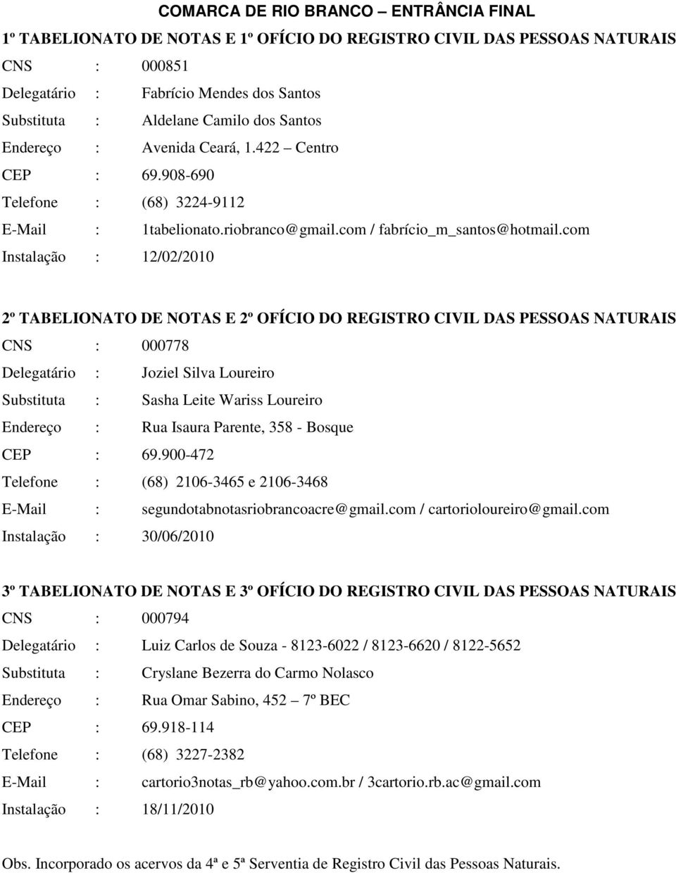 com Instalação : 12/02/2010 2º TABELIONATO DE NOTAS E 2º OFÍCIO DO REGISTRO CIVIL DAS PESSOAS NATURAIS CNS : 000778 Delegatário : Joziel Silva Loureiro Substituta : Sasha Leite Wariss Loureiro