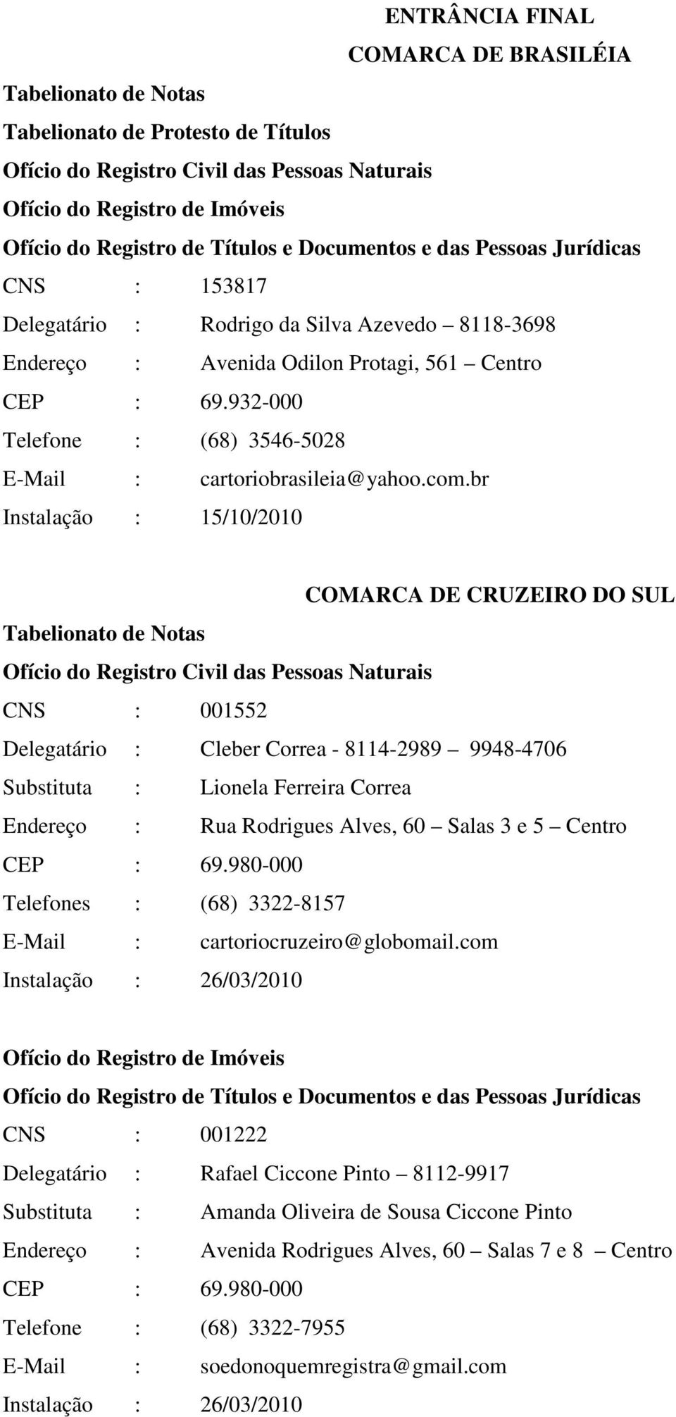 br Instalação : 15/10/2010 COMARCA DE CRUZEIRO DO SUL CNS : 001552 Delegatário : Cleber Correa - 8114-2989 9948-4706 Substituta : Lionela Ferreira Correa Endereço : Rua Rodrigues Alves, 60 Salas 3 e