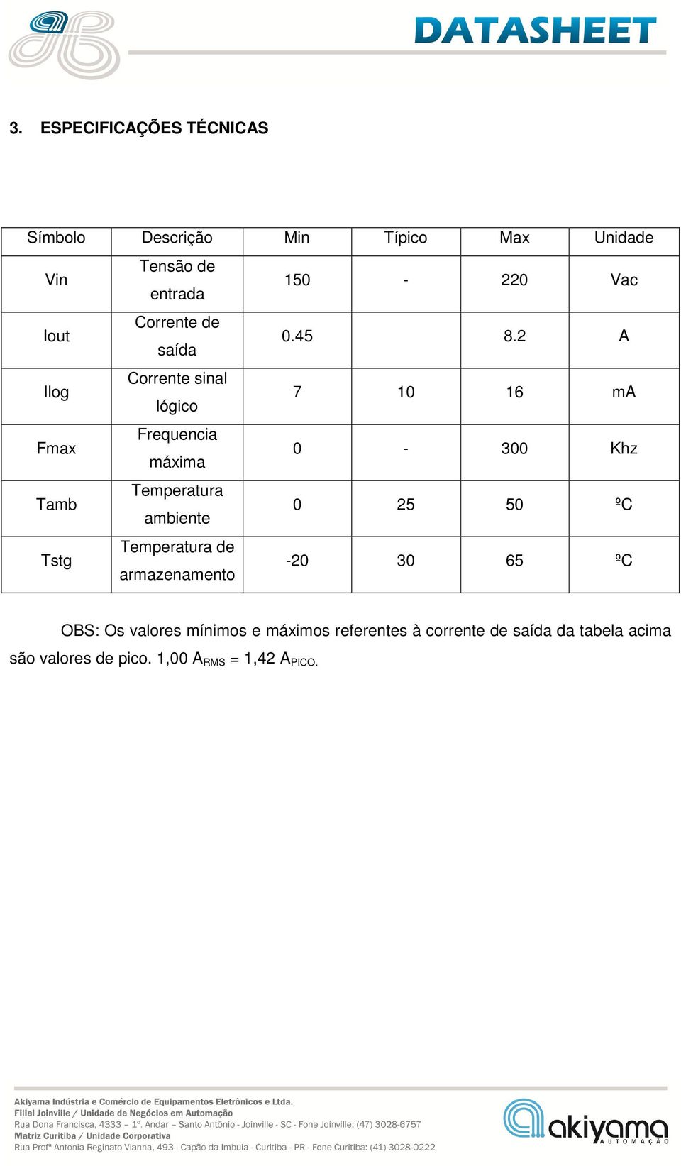 2 A Ilog Corrente sinal lógico 7 10 16 ma Fmax Frequencia máxima 0-300 Khz Tamb Temperatura ambiente 0