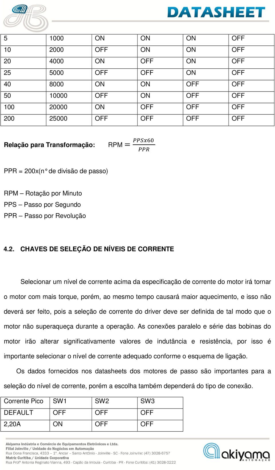 0x(n de divisão de passo) RPM Rotação por Minuto PPS Passo por Segundo PPR Passo por Revolução 4.2.