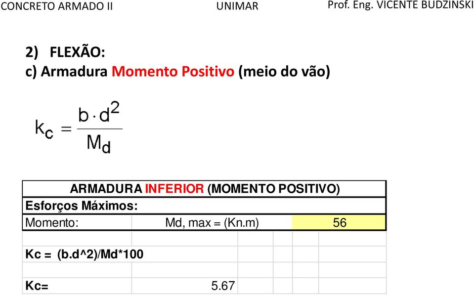 POSITIVO) Esforços Máximos: Momento: Kc =