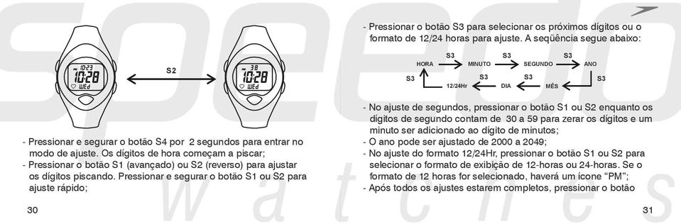 Os dígitos de hora começam a piscar; - Pressionar o botão S1 (avançado) ou S2 (reverso) para ajustar os dígitos piscando.