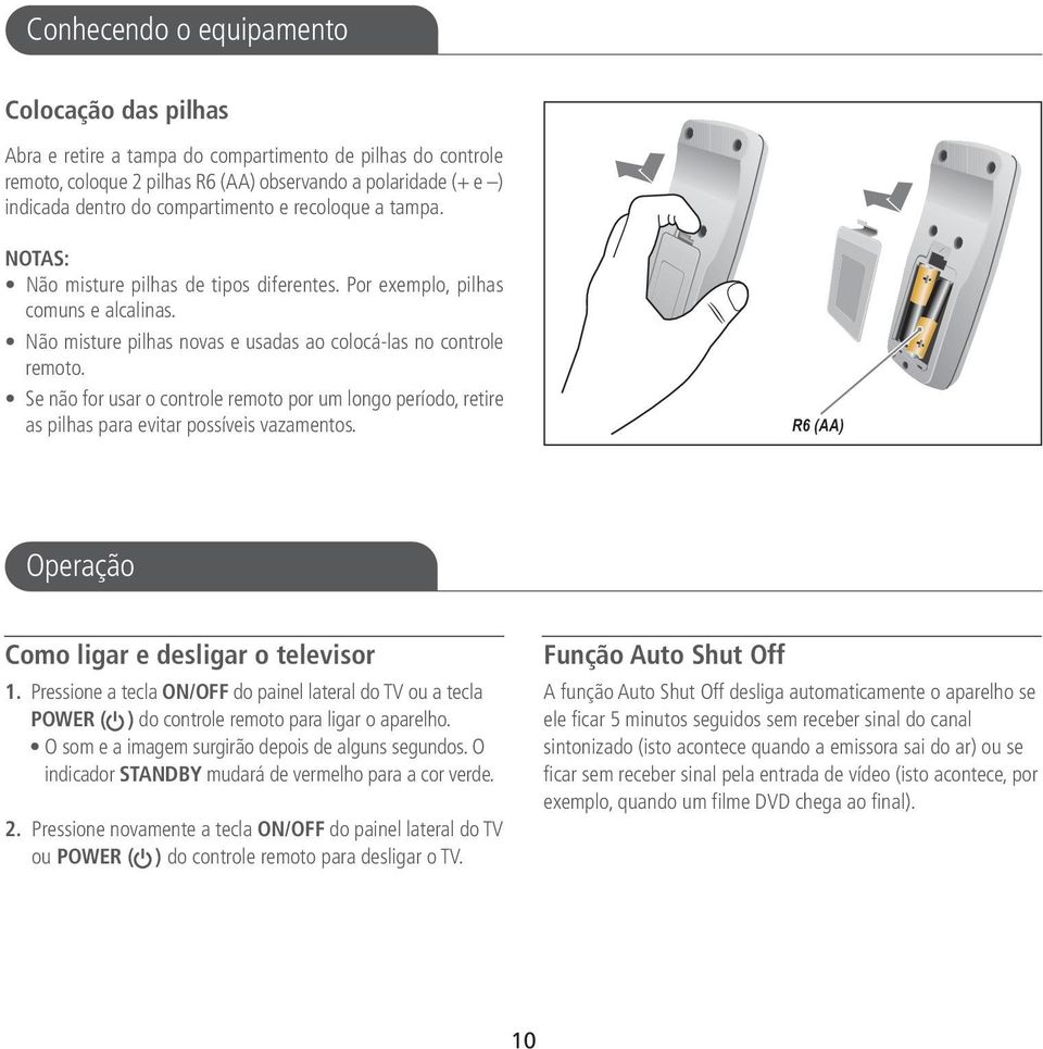 Se não for usar o controle remoto por um longo período, retire as pilhas para evitar possíveis vazamentos. R6 (AA) Operação Como ligar e desligar o televisor 1.