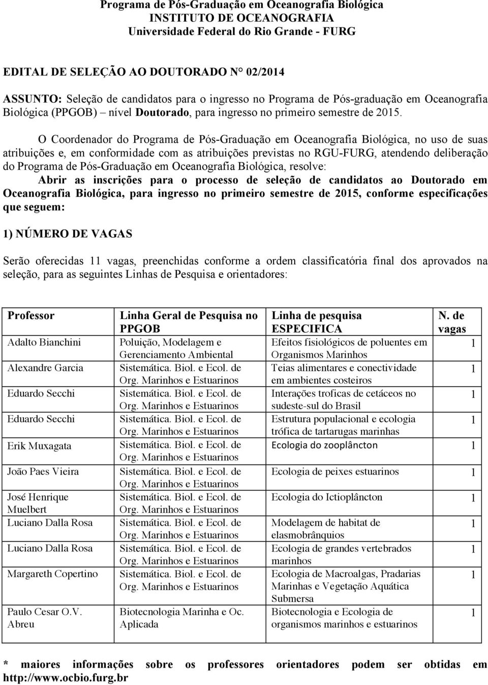 O Coordenador do Programa de Pós-Graduação em Oceanografia Biológica, no uso de suas atribuições e, em conformidade com as atribuições previstas no RGU-FURG, atendendo deliberação do Programa de