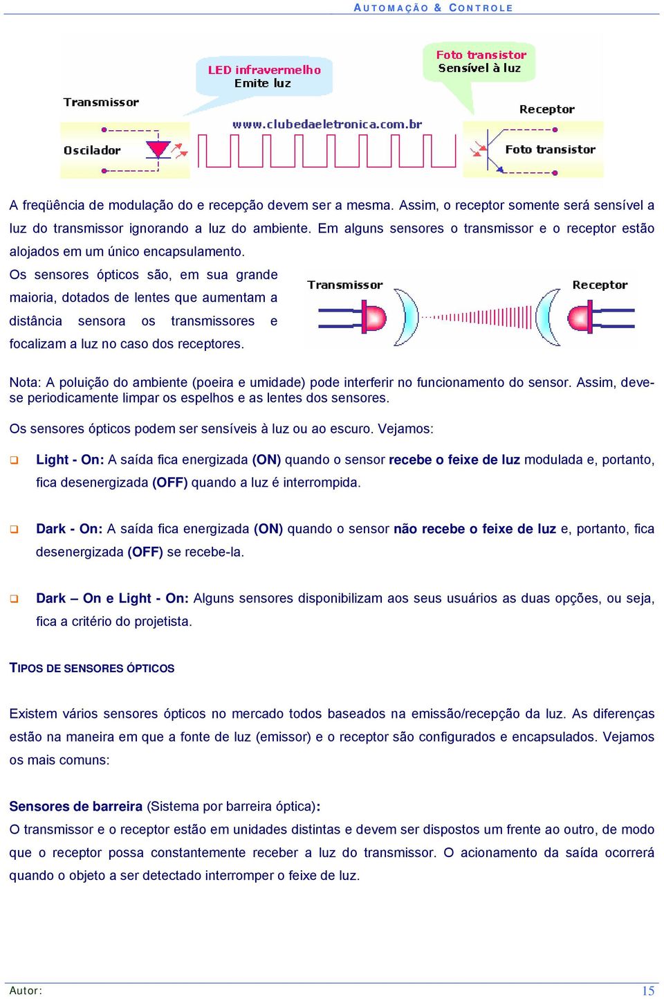 Os sensores ópticos são, em sua grande maioria, dotados de lentes que aumentam a distância sensora os transmissores e focalizam a luz no caso dos receptores.