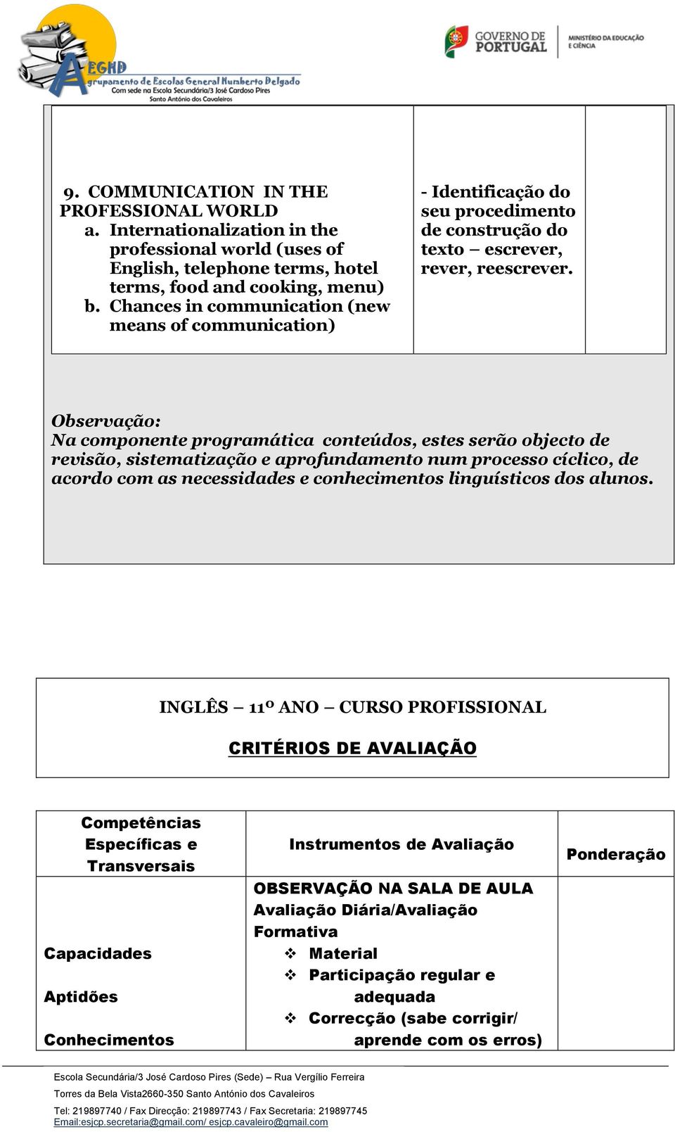 Observação: Na componente programática conteúdos, estes serão objecto de revisão, sistematização e aprofundamento num processo cíclico, de acordo com as necessidades e conhecimentos linguísticos dos