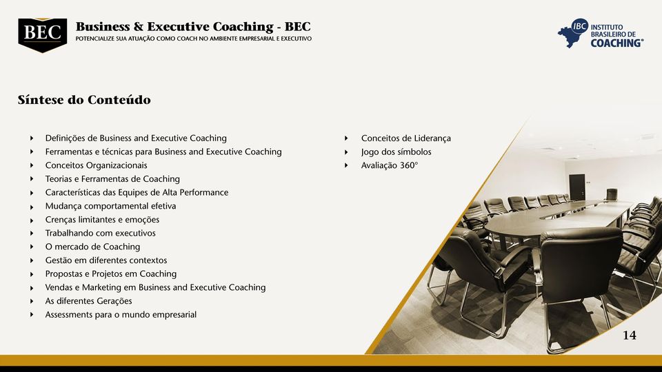 limitantes e emoções Trabalhando com executivos O mercado de Coaching Gestão em diferentes contextos Propostas e Projetos em Coaching Vendas e
