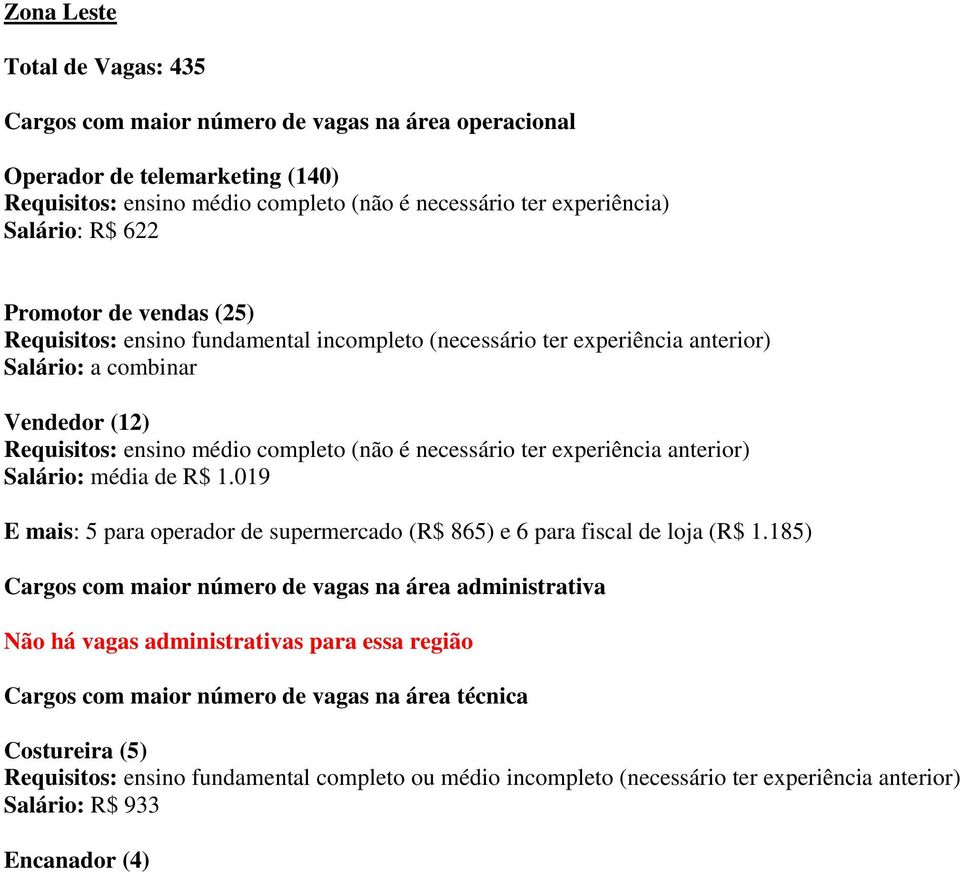 experiência anterior) Salário: média de R$ 1.019 E mais: 5 para operador de supermercado (R$ 865) e 6 para fiscal de loja (R$ 1.