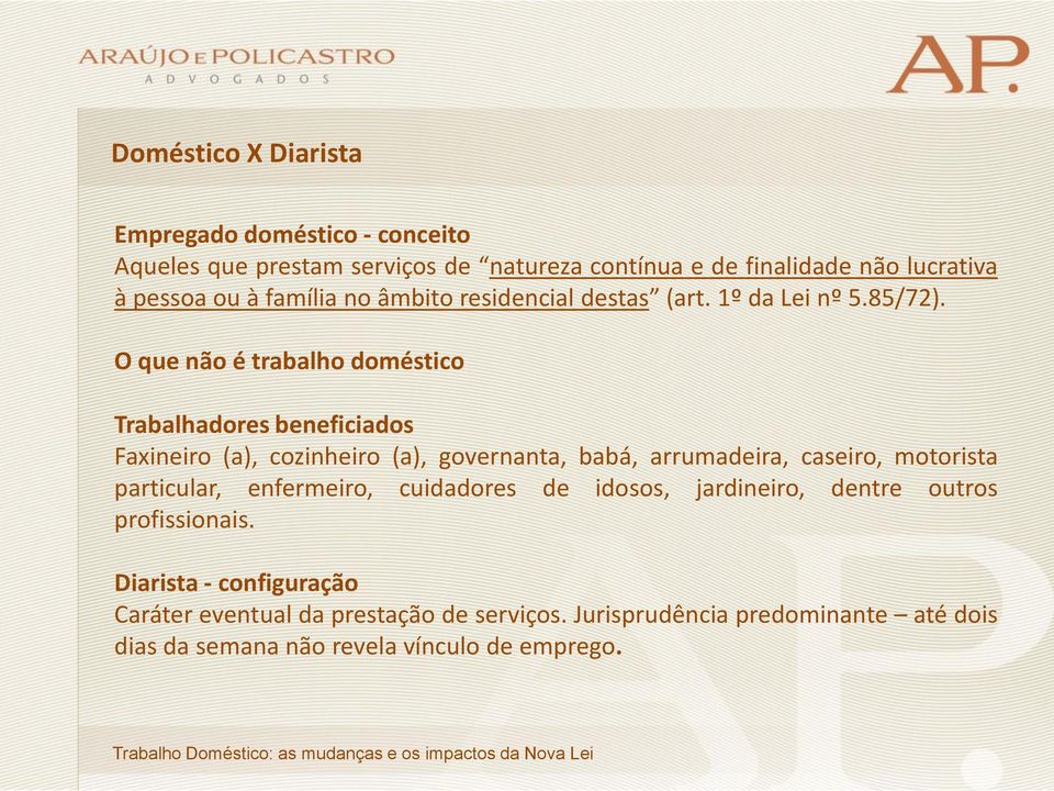 O que não é trabalho doméstico Trabalhadores beneficiados Faxineiro (a), cozinheiro (a), governanta, babá, arrumadeira, caseiro, motorista