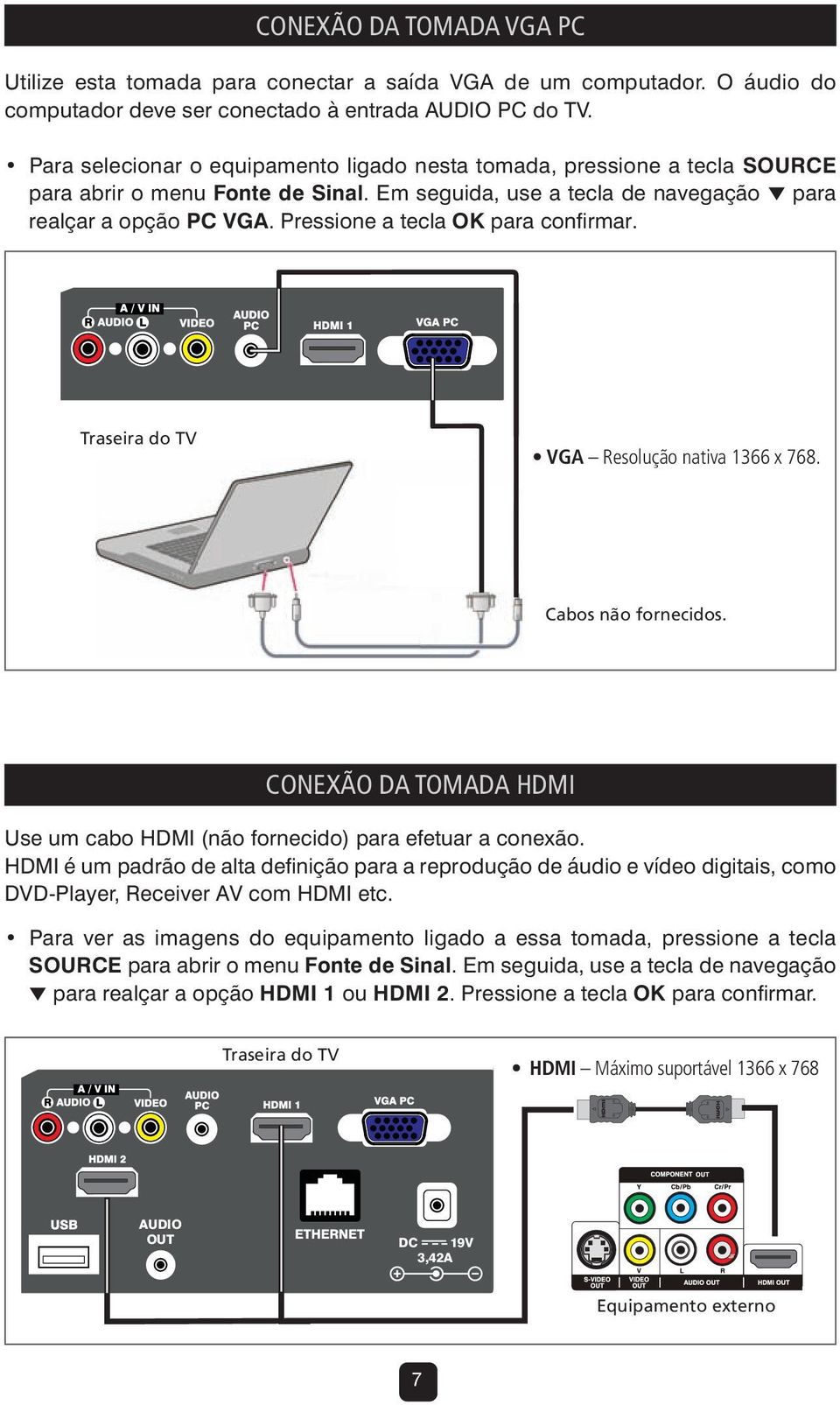 Pressione a tecla OK para confirmar. Traseira do TV VGA Resolução nativa 1366 x 768. Cabos não fornecidos. CONEXÃO DA TOMADA HDMI Use um cabo HDMI (não fornecido) para efetuar a conexão.